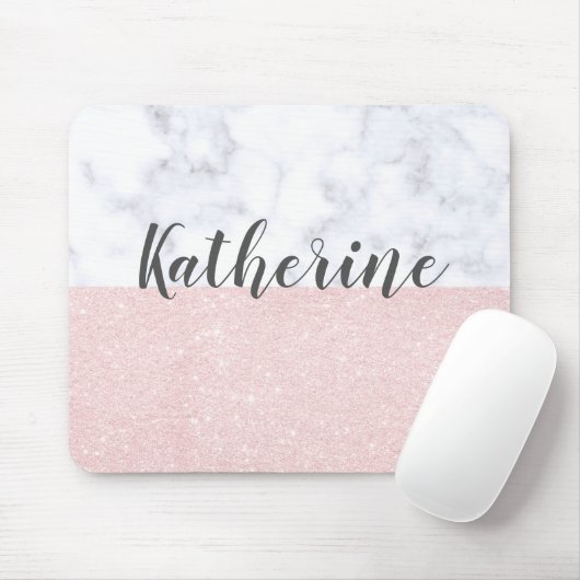 Elegant girale roos goudglitter en witte marmer muismat (Met muis)