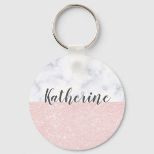 Elegant girale roos goudglitter en witte marmer sleutelhanger