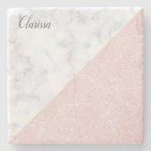 Elegant girale roos goudglitter en witte marmer stenen onderzetter (Voorkant)