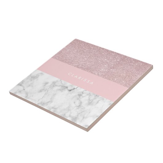 Elegant girale roos goudglitter en witte marmer tegeltje (Zijkant)