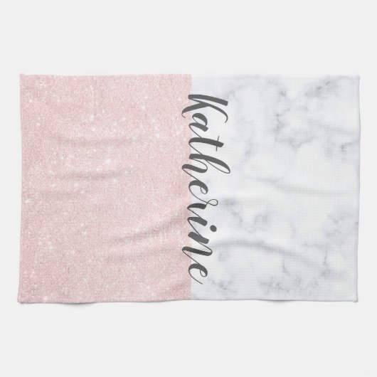 Elegant girale roos goudglitter en witte marmer theedoek (Horizontaal)