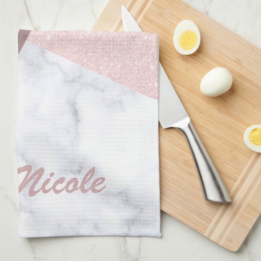 Elegant girale roos goudglitter en witte marmer theedoek (Quarter Fold)