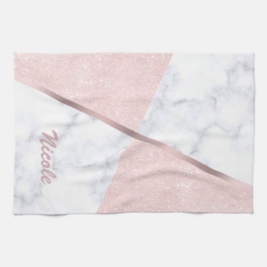 Elegant girale roos goudglitter en witte marmer theedoek (Horizontaal)