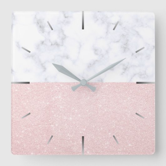 Elegant girale roos goudglitter en witte marmer vierkante klok (Voorkant)