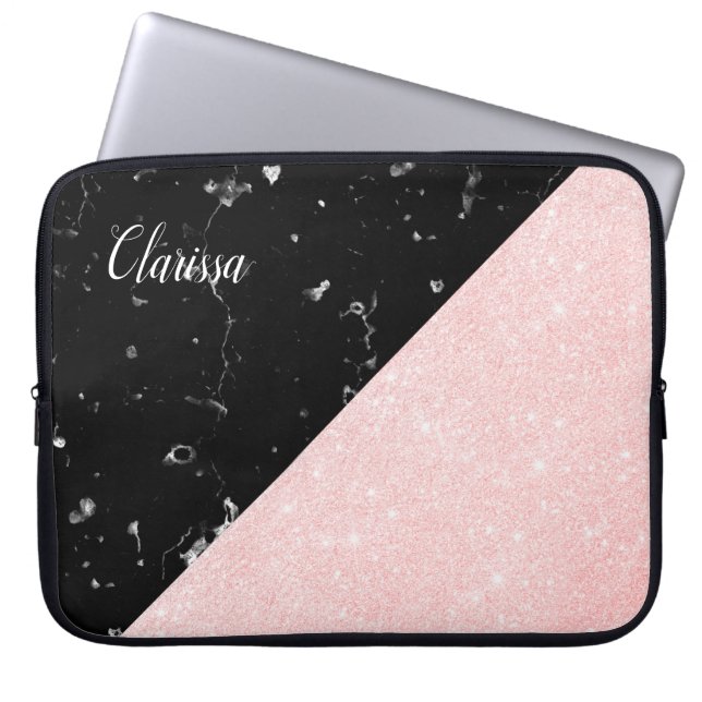 Elegant girale roos goudglitter en zwarte marmer laptop sleeve (Voorkant)
