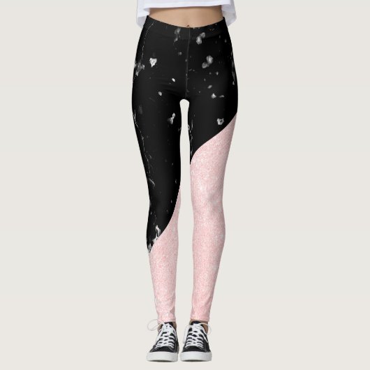 Elegant girale roos goudglitter en zwarte marmer leggings (Voorkant)
