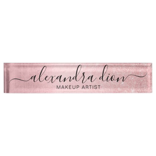 Elegant girale roze roze roos goudglitter make-up naambordje (Voorkant)