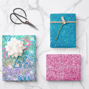 Elegant girale turquoise iridescent glitter regenb inpakpapier vel