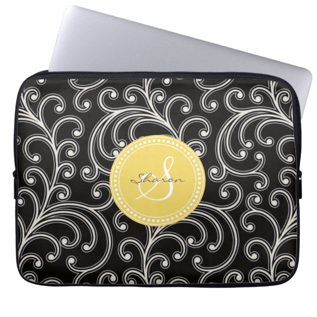 Elegant girale zwart floraalmonogram laptop sleeve (Voorkant)