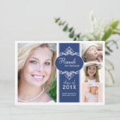 Elegant Girl 4 Foto Blue & White Afstuderen Kaart (Staand voorkant)