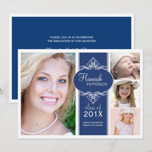 Elegant Girl 4 Foto Blue & White Afstuderen Kaart (Voorkant / Achterkant)