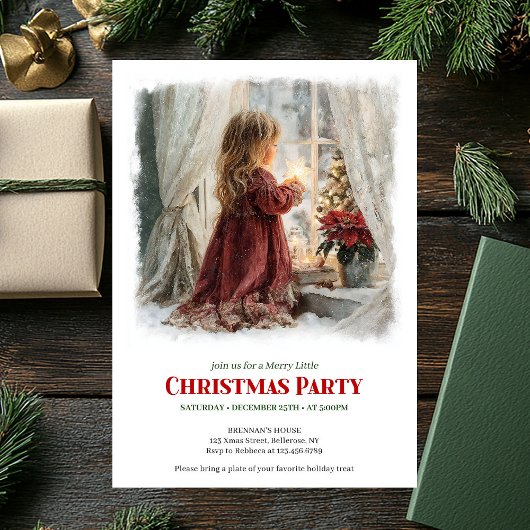 Elegant girl awaits Santa editable holiday invite Kaart