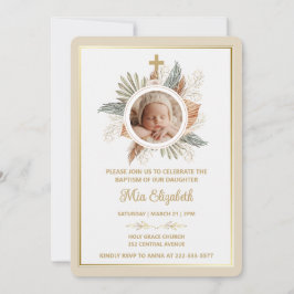 Elegant Girl Baptism Greenery Cross Photo  Invitat Kaart