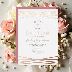 Elegant Girl Baptism Roos Gold Folie Uitnodiging