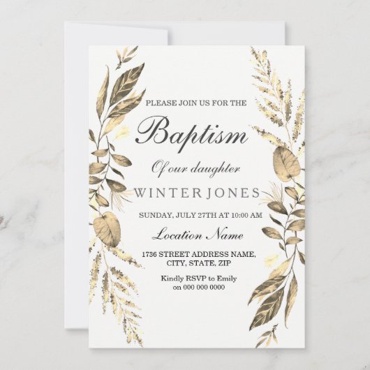 Elegant Girl Boy Golden Leaf Baptism Invite Kaart (Voorkant)