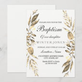 Elegant Girl Boy Golden Leaf Baptism Invite Kaart (Voorkant / Achterkant)