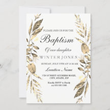 Elegant Girl Boy Golden Leaf Baptism Invite