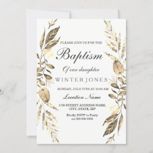 Elegant Girl Boy Golden Leaf Baptism Invite Kaart