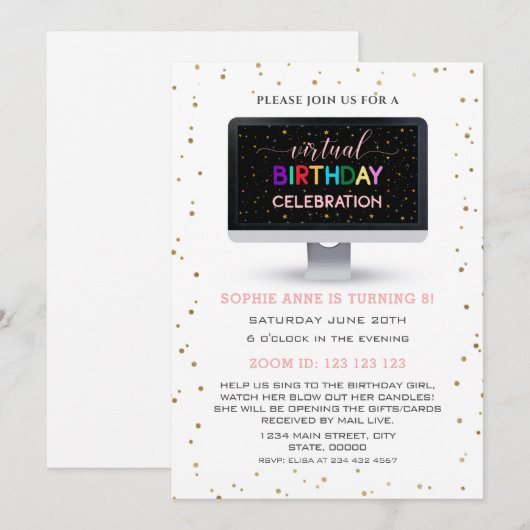 Elegant Girl Colorful Virtual Birthday Kaart (Voorkant / Achterkant)