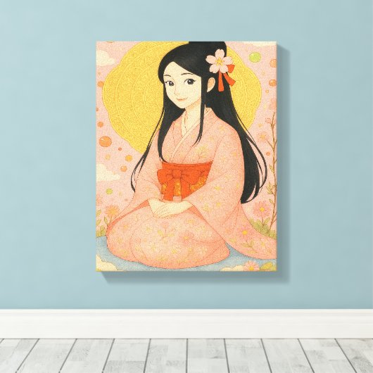 Elegant Girl in Kimono – Japanese Style Wall Art Canvas Afdruk (Insitu (Houten vloer))