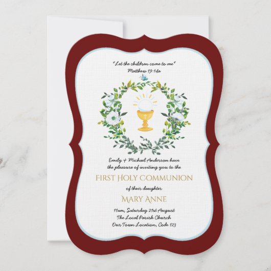 Elegant Girls Burgundy Floral Eerste Heilige Commu Kaart (Voorkant)