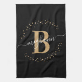 Elegant Girly Black Gold Monogram Name Script Theedoek (Verticaal)