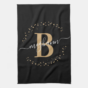 Elegant Girly Black Gold Monogram Name Script Theedoek