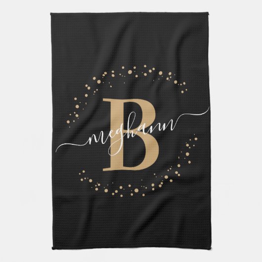Elegant Girly Black Gold Monogram Name Script Theedoek (Verticaal)