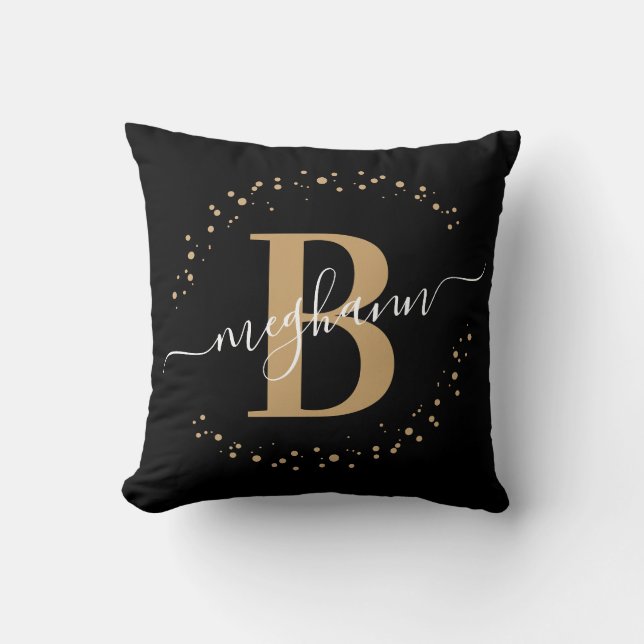 Elegant, Girly Black Gold Name Monogram Script Kussen (Voorkant)