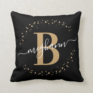 Elegant, Girly Black Gold Name Monogram Script Kussen