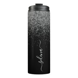 Elegant Girly Black Silver Glitter Monogrammed Thermosbeker