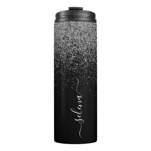 Elegant Girly Black Silver Glitter Monogrammed Thermosbeker (Voorkant)