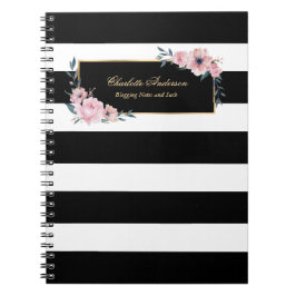 Elegant Girly Black White Stripes Pink Floral Notitieboek