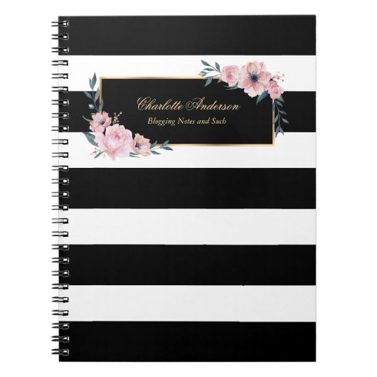 Elegant Girly Black White Stripes Pink Floral Notitieboek (Voorkant)