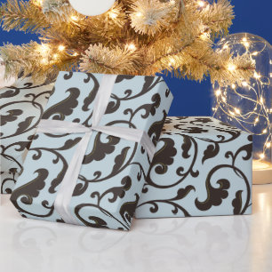 Elegant girly blauw bruin bloemenpatroonmonogram cadeaupapier