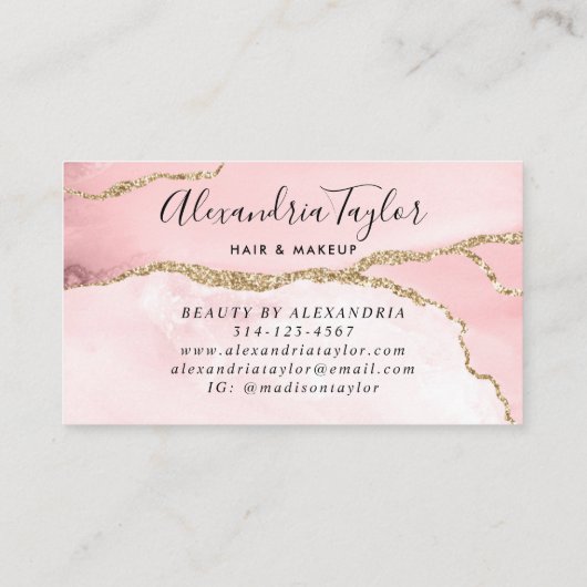 Elegant Girly Blush Pink Gold Glitter Marble Agate Visitekaartje (Achterkant)