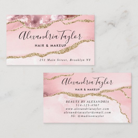 Elegant Girly Blush Pink Gold Glitter Marble Agate Visitekaartje (Voorkant / Achterkant)