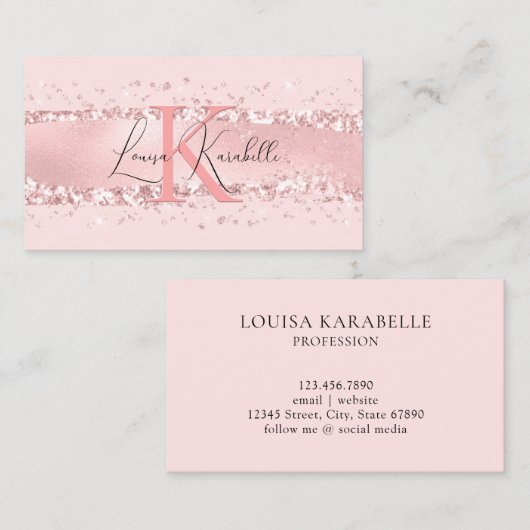 Elegant Girly Blush Pink Monogram Visitekaartje (Voorkant / Achterkant)