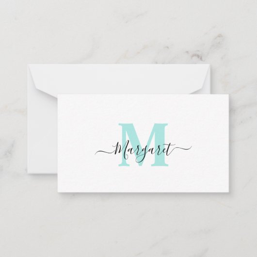 Elegant Girly Chic Blauwgroen Monogram Notitiekaartje (Voorkant)