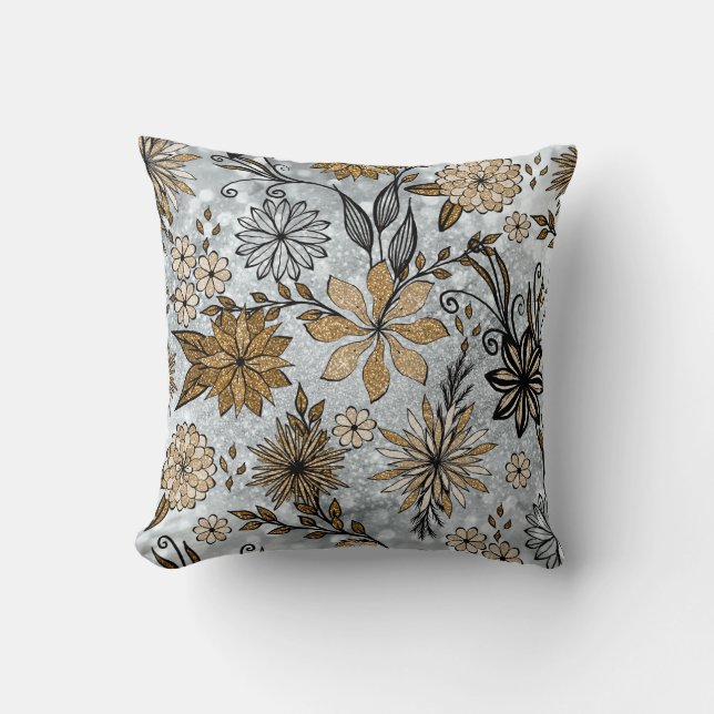 Elegant Girly Gold en Silver Glitter Floral Design Kussen (Voorkant)