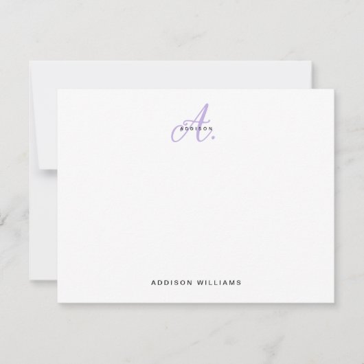 Elegant Girly Lavendel Script Monogram Notitiekaartje (Voorkant)