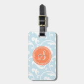 Elegant girly lichtblauw bloemenpatroonmonogram bagagelabel (Voorkant verticaal)