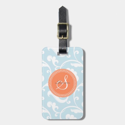 Elegant girly lichtblauw bloemenpatroonmonogram bagagelabel (Voorkant verticaal)