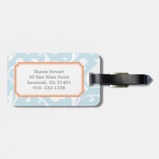 Elegant girly lichtblauw bloemenpatroonmonogram bagagelabel (Achterkant horizontaal)