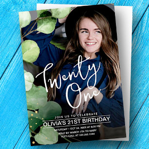 Elegant girly modern greenery 21ste verjaardagsfot kaart