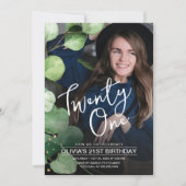 Elegant girly modern greenery 21ste verjaardagsfot kaart (Voorkant)