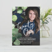 Elegant girly modern greenery 21ste verjaardagsfot kaart (Staand voorkant)