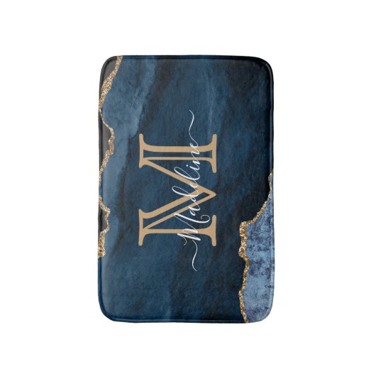 Elegant Girly Navy Blue Gold Agate Geode Monogram Badmat (Voorkant Verticaal)