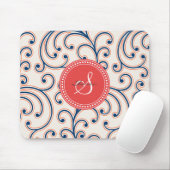 Elegant girly oranje blauw bloemenpatroonmonogram muismat (Met muis)