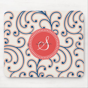 Elegant girly oranje blauw bloemenpatroonmonogram muismat